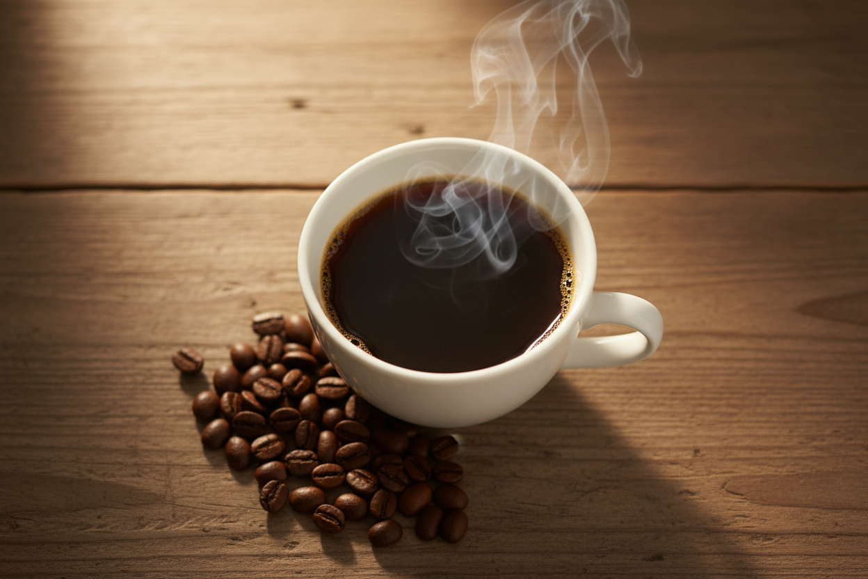 Coffee cup overhead view with steam and beans